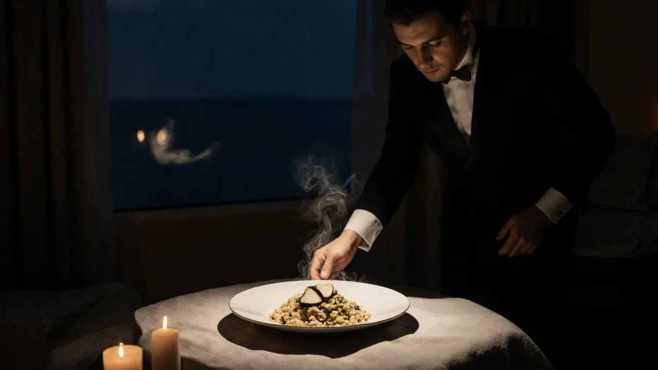 A butler serves truffle risotto in a quiet suite, candlelight illuminating steam rising from the dish.