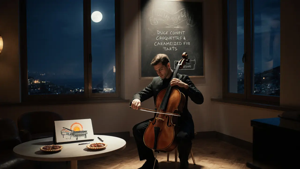 A cellist plays alone under a spotlight in a quiet lounge with an empty table and chalkboard menu nearby.