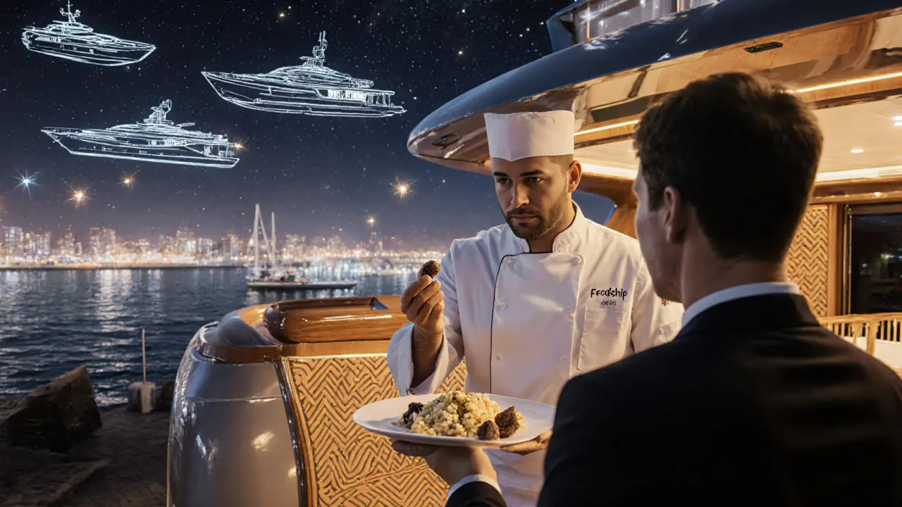 A chef offering food near a wooden yacht booth, with floating sketches of future yachts glowing like fireflies.