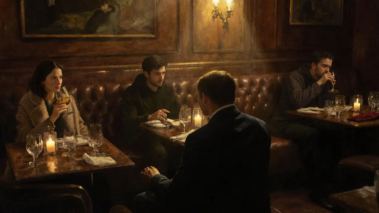 A cozy bar interior with a pianist playing softly, candlelight reflecting on crystal glasses and leather booths.