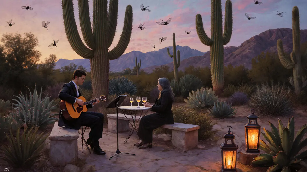 A guitarist playing quietly at Jardin Exotique at twilight, surrounded by cacti and a few peaceful listeners.
