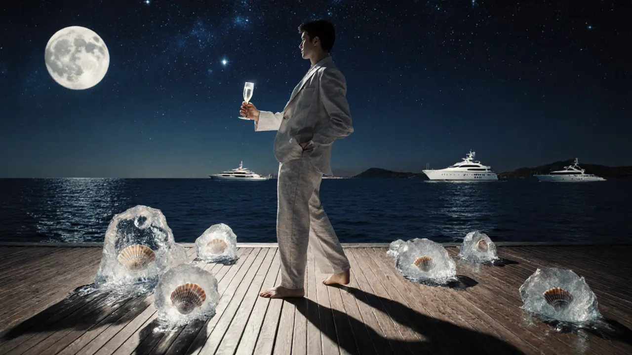 A lone figure on a yacht deck at night, melting ice sculptures float in the sea under moonlight, no people or tech visible.