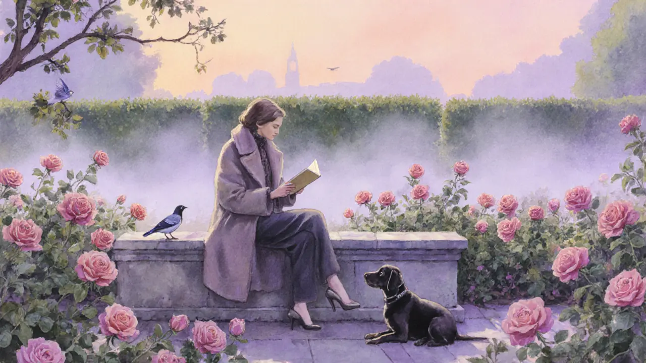 A model reads on a bench in a peaceful rose garden at dawn, with a dog beside her and mist rising among the flowers.