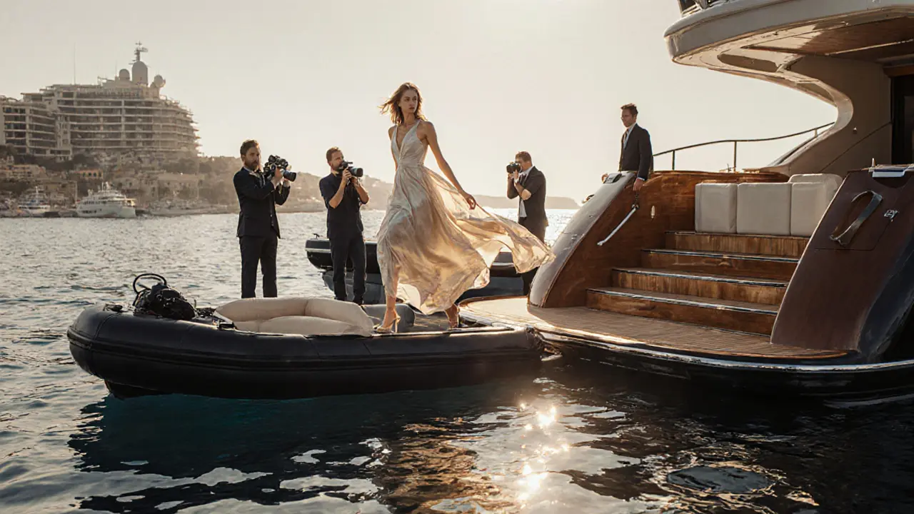 A model stepping off a luxury yacht at the Monaco Yacht Show, surrounded by a discreet team in golden afternoon light.