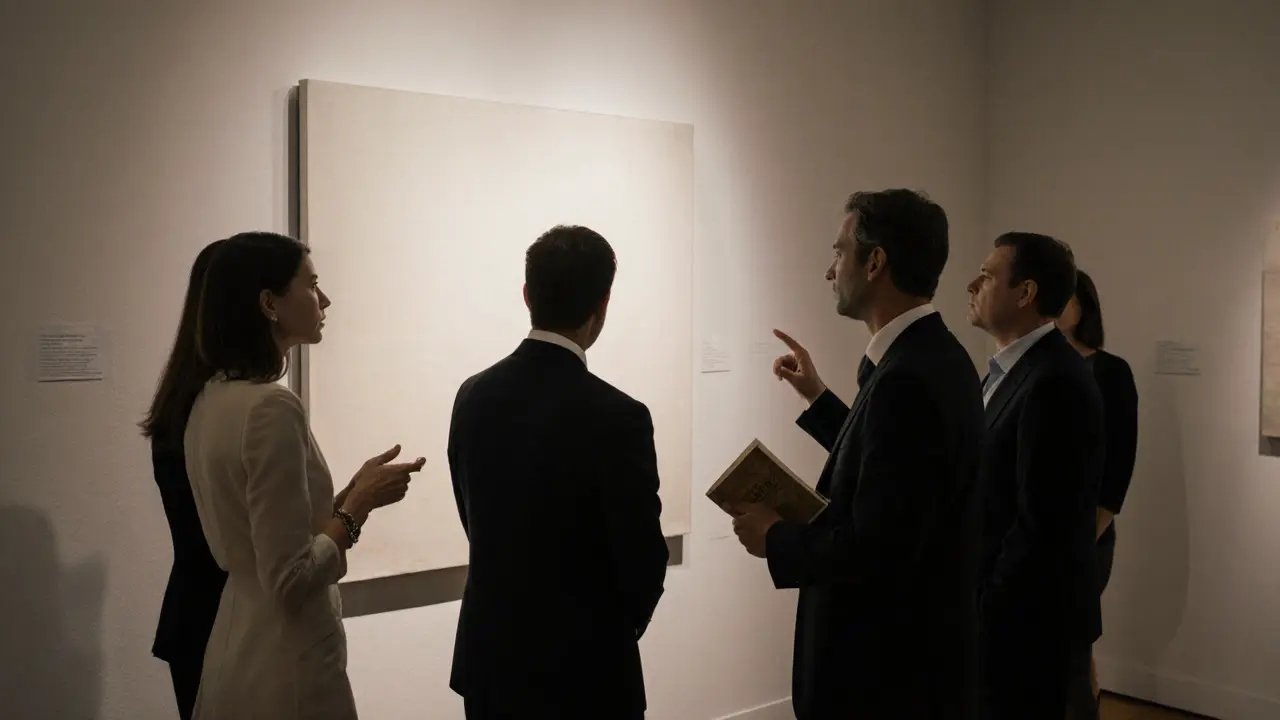 A quiet art crowd engages with a painting at a Monaco exhibition, no flash, no glamour, only thoughtful presence.