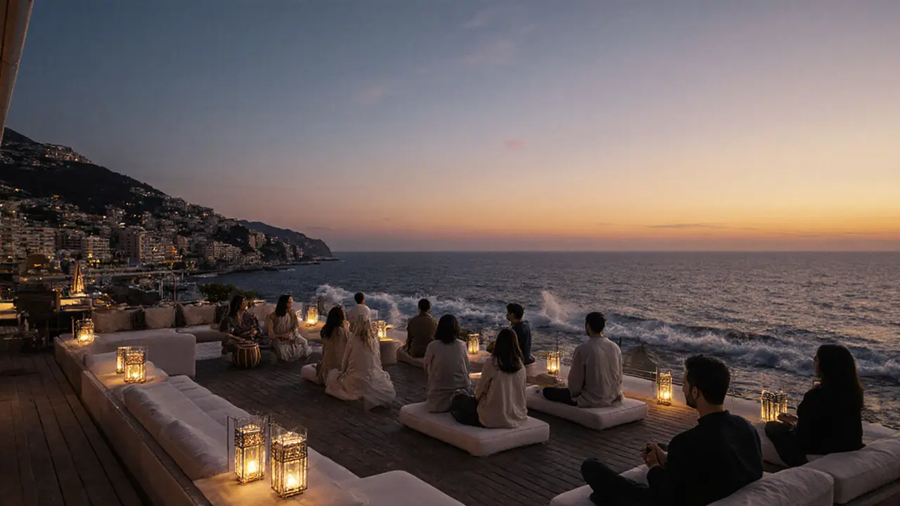 A seaside terrace at dusk with soft lighting and peaceful guests overlooking the ocean.