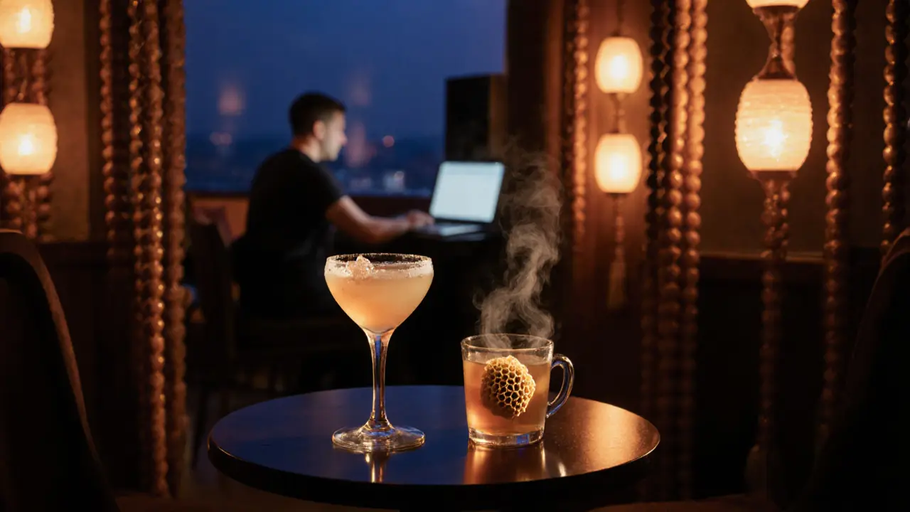 A table with a lychee martini and jasmine tea, glowing lanterns, and beads framing a faint laptop glow in the background.