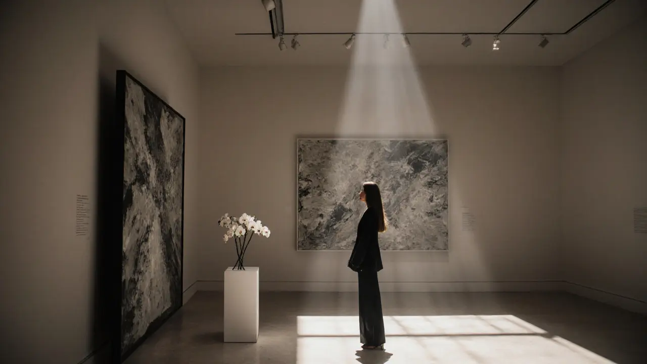 A top model quietly observing abstract art in a Monaco gallery, soft spotlight, serene and empty space.