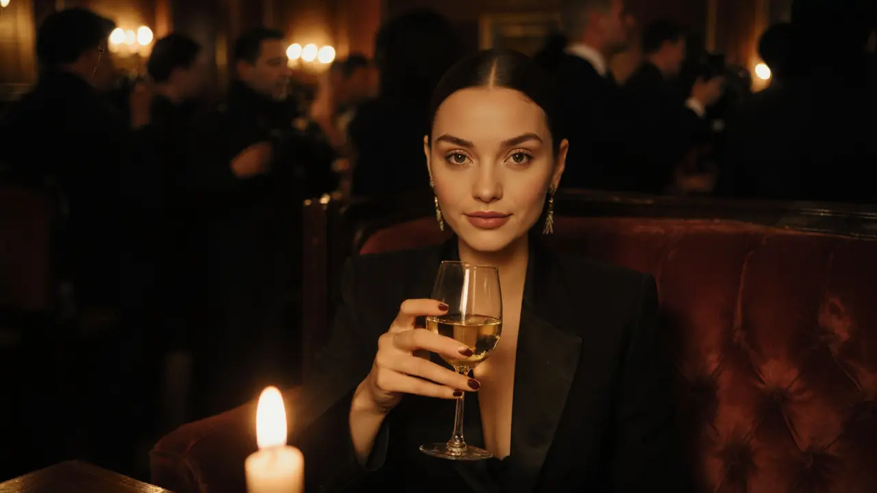 A top model sitting alone in a dimly lit private nightclub, exuding calm elegance in a sea of shadowed guests.