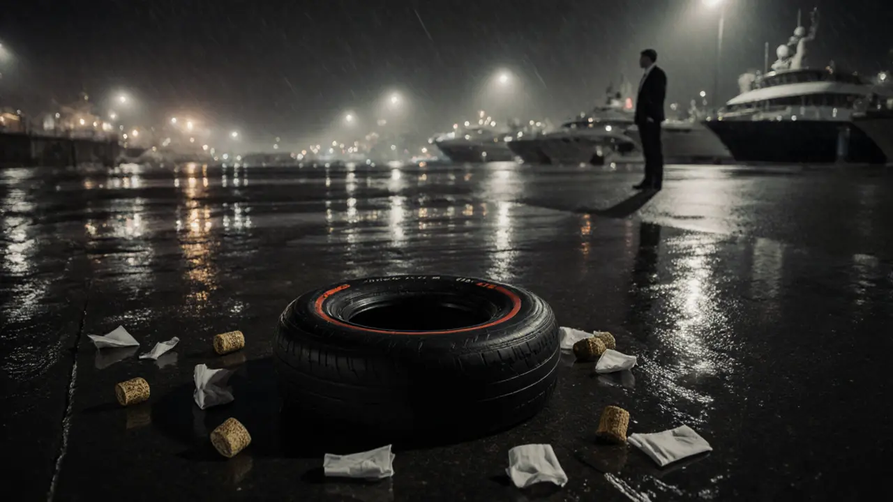 Abandoned F1 tire on wet harbor promenade with floating corks and reflections under dawn light.