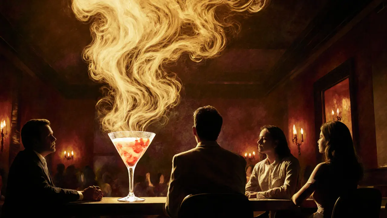 Abstract representation of Buddha Bar&#039;s exotic energy as glowing sound and scent rising from a drink among silent guests.