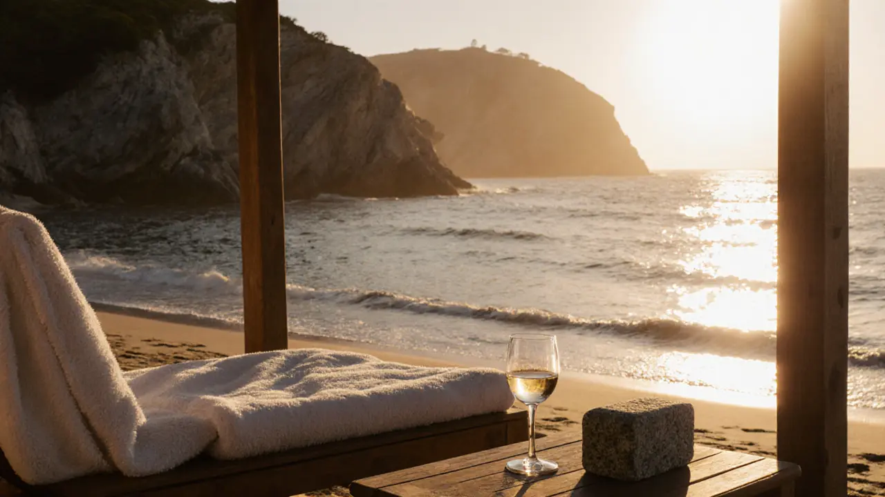 An empty cabana at dusk with a folded towel, wine glass, and granite cooling stone—quiet, minimalist, and peaceful.
