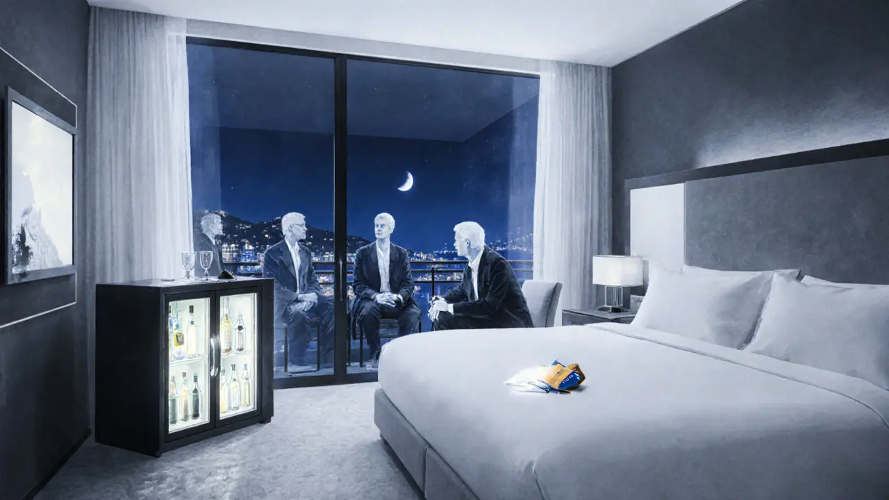 An empty luxury suite glows in moonlight, a translucent figure sits by the window, keycard glowing softly.
