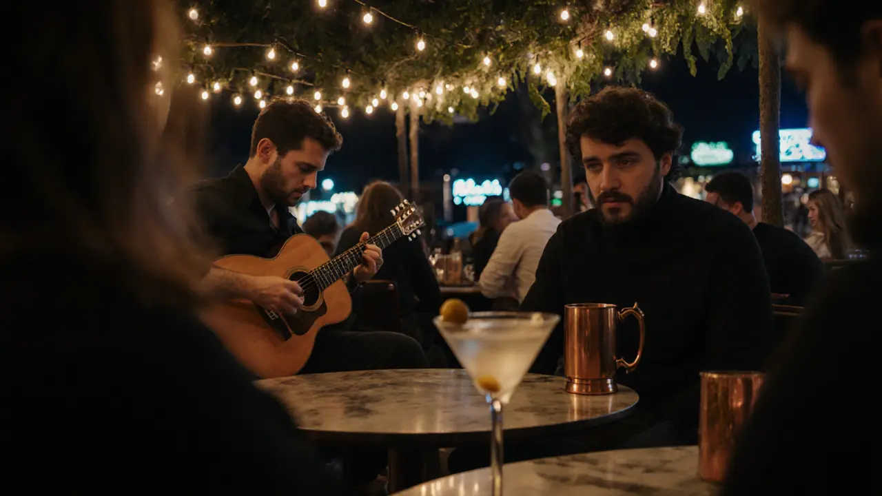 An intimate jazz corner at night with a guitarist, patrons sipping cocktails, and warm fairy lights casting soft shadows.