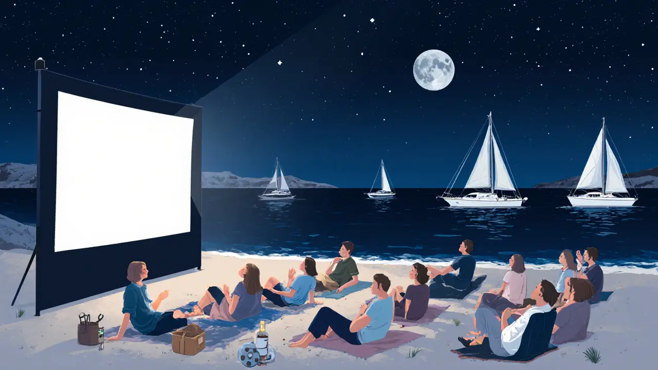 Audience watching a film under the stars on Plage du Larvotto, lying on blankets with yachts in the background.