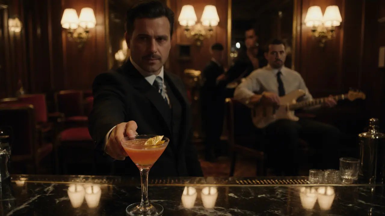 Bar Américain with bartender pouring a gold-leaf cocktail, jazz trio playing softly in dim, elegant 1920s setting.