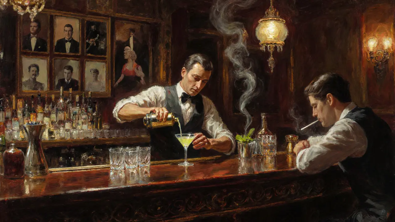 Bar area at Cafe de Paris Monaco with a bartender pouring a cocktail, vintage photos on the wall, and warm ambient lighting.