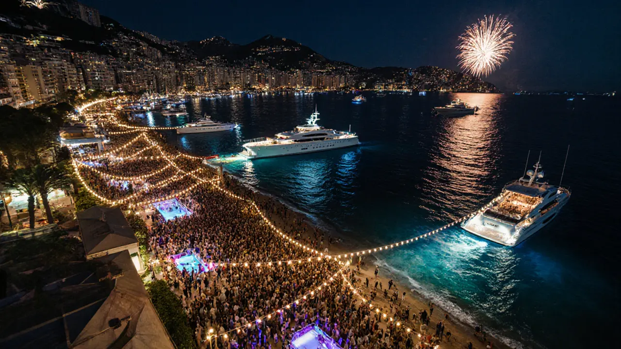 Beach club party at night with dancing guests, lit-up yachts offshore, and fireworks in the sky above Monaco.
