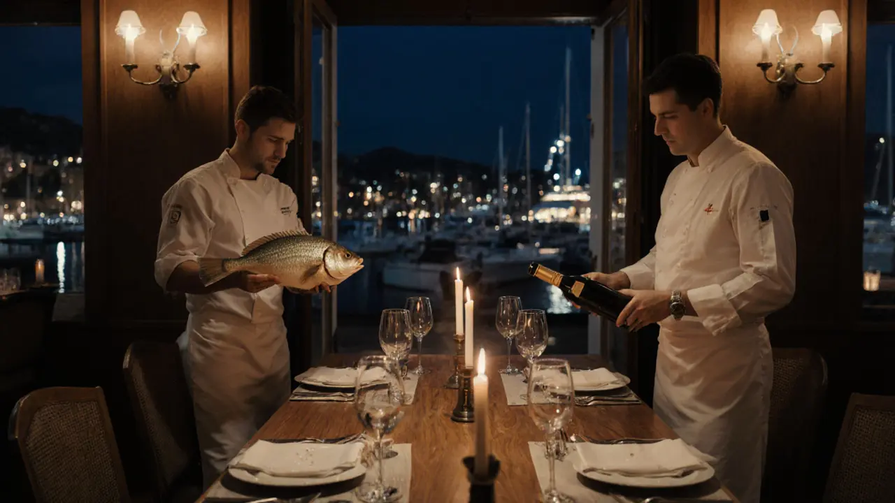 Candlelit dinner at Yacht Club Monaco, chef holding fresh fish as waiter sets wine on wooden table.