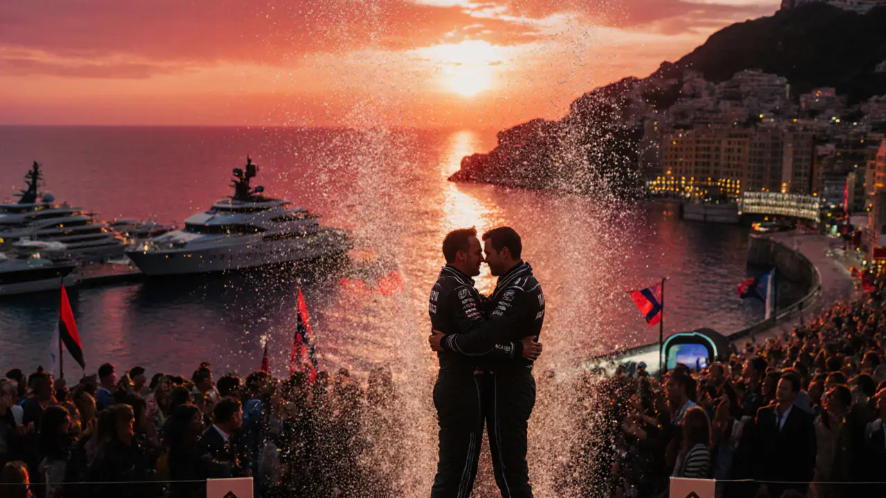 Champagne sprays as drivers celebrate on the Monaco podium at sunset, yachts and Casino Square glowing behind them.