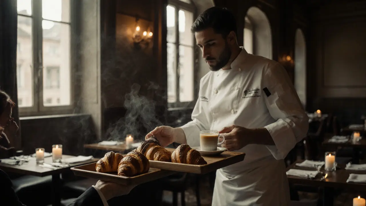 Chef handing a warm pastry and espresso to a guest at breakfast before dawn.