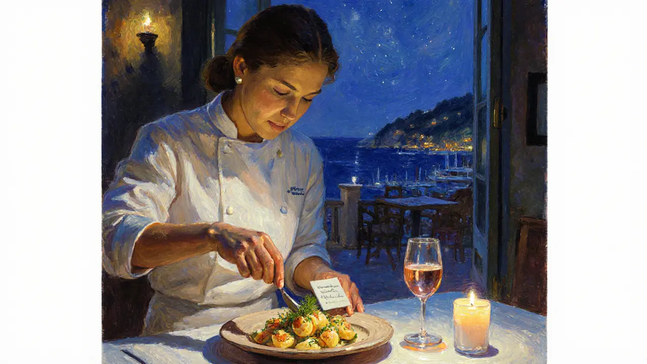 Chef plating seafood ravioli on handmade pottery at a candlelit terrace dinner under the stars.