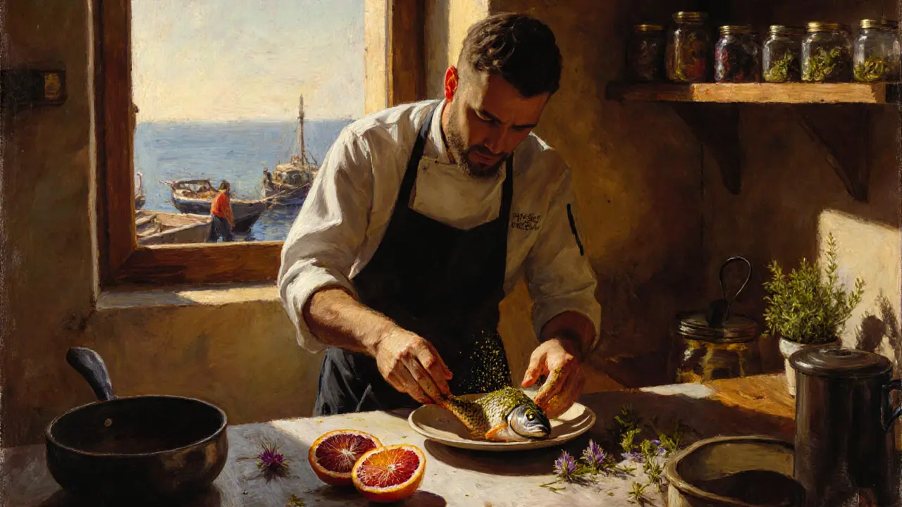 Chef preparing wild sea bass with fennel pollen and blood orange in a rustic kitchen, morning light streaming through the window.