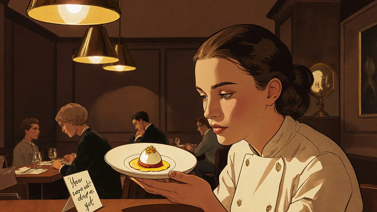 Chef presenting a scallop dish to a woman at the bar, emotional moment captured.