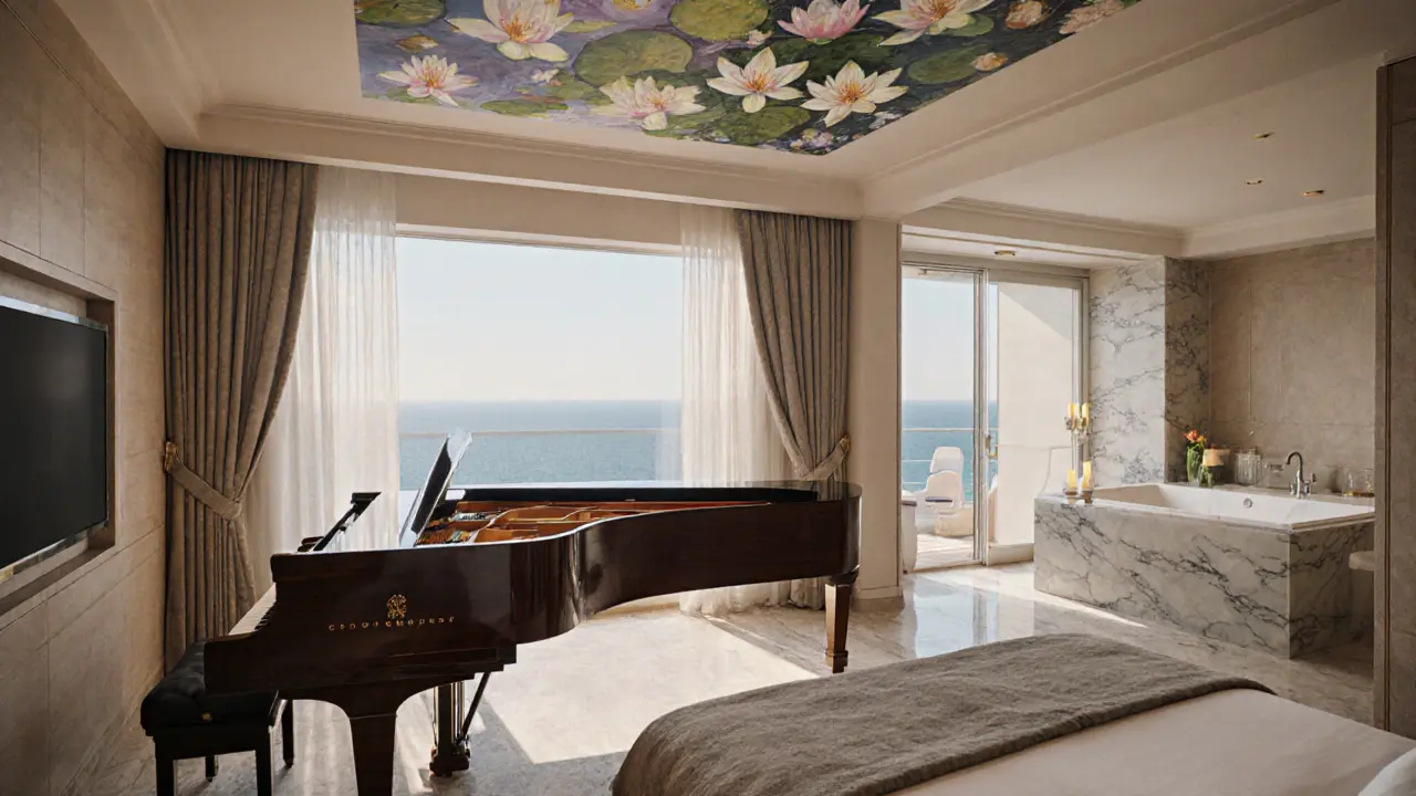 Chopin Suite interior with grand piano, sea view, and hand-painted ceiling murals.
