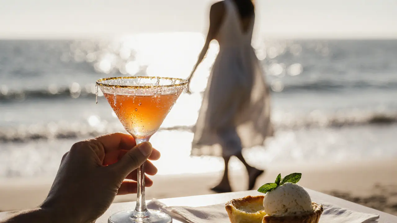 Close-up of a gold-rimmed cocktail and lemon tart on linen napkin, blurred sea in background.