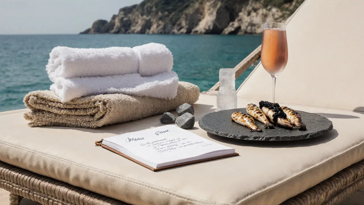 Close-up of hand-stitched lounger, warm towels, and a leather menu book beside chilled seafood on slate, no people visible.