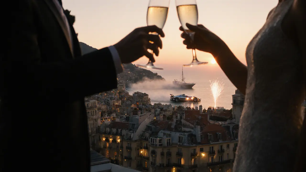Couples toast on the Hotel de Paris rooftop as a Formula 1 car emerges from the tunnel, the harbor and city lights glowing behind them.