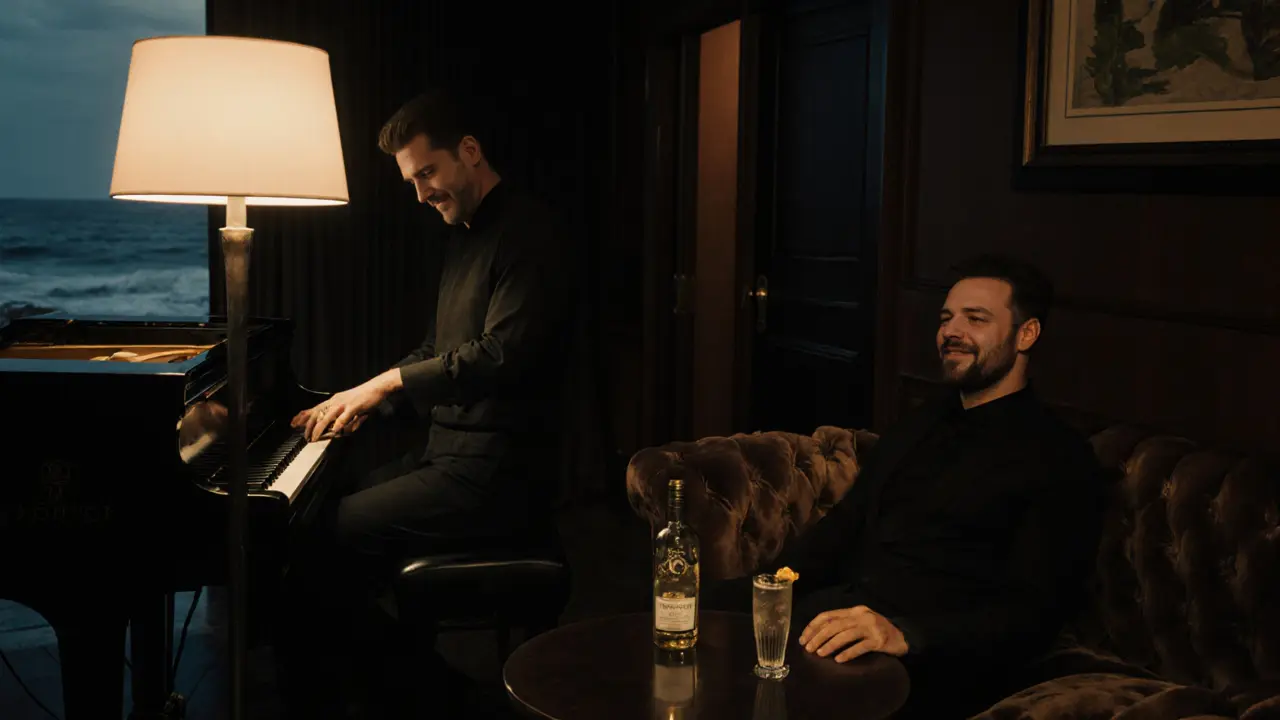 Cozy jazz lounge at night with pianist playing, bartender smiling, and guest lost in quiet reflection.