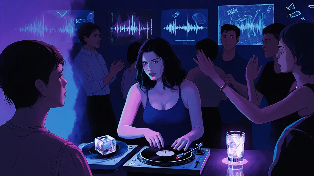 DJ spinning rare French house records under neon lights as patrons sway gently in a cozy bar setting.