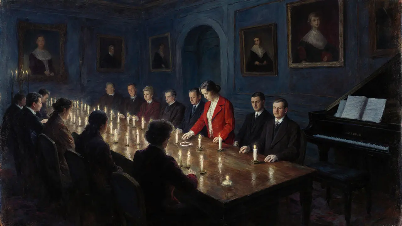 Eighteen guests sit in silent elegance around a candlelit table, one placing a pearl on the wood.