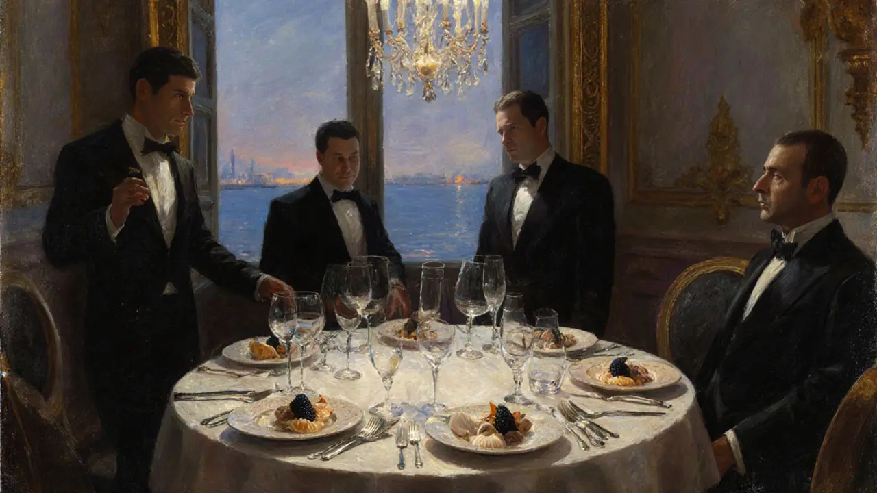 Elegant dining room at Le Louis XV with exquisite plates and sea views under soft lighting.