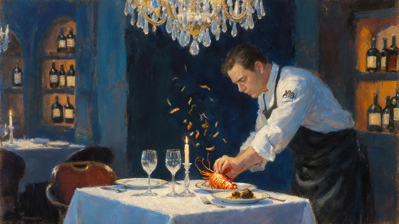 Elegant dining table at Le Louis XV restaurant with candlelight, fine china, and a chef placing a lobster dish.
