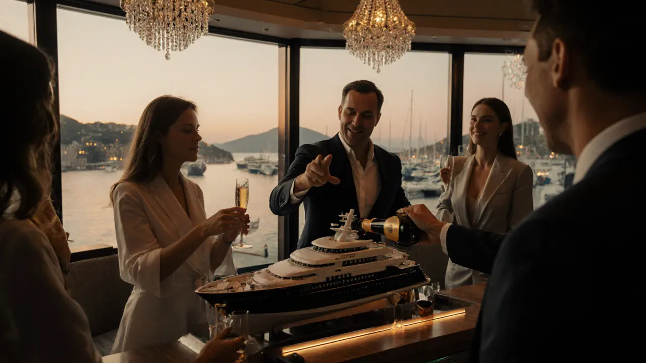 Elegant guests in a VIP lounge at the Monaco Yacht Show, clinking champagne glasses as yachts glow beyond the windows.