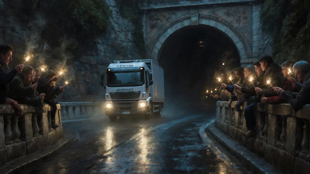 Fans at Rascasse corner holding lighters as F1 cars pass through the tunnel at night.