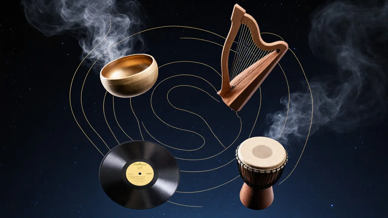 Floating global instruments surrounded by soundwaves and incense, symbolizing tranquil music.