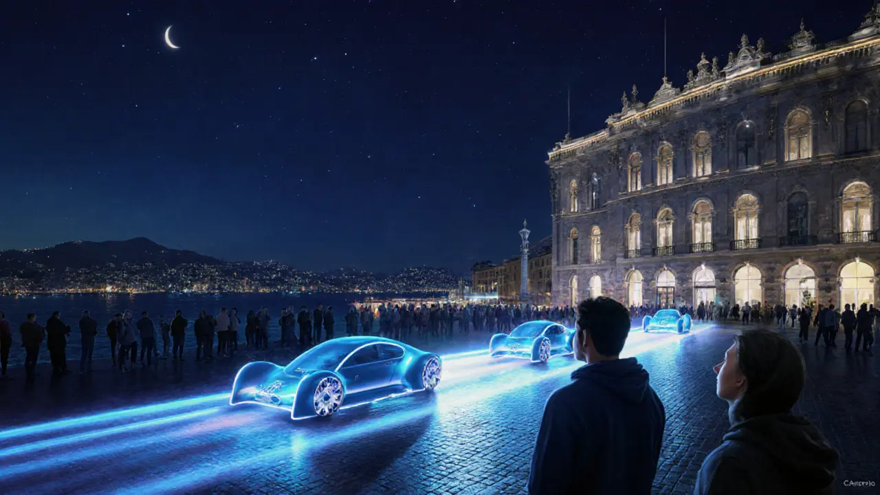 Glowing electric prototype cars glide silently through Casino Square at midnight, casting soft blue light on awestruck fans.