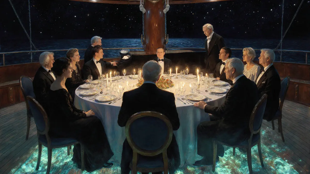 Grand dinner under stars aboard a luxury yacht, guests in formal wear dine as a pianist plays softly in the background.