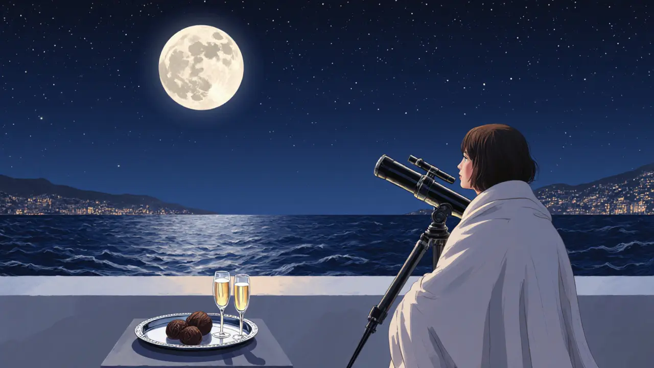 Guest on rooftop terrace under full moon, telescope and champagne tray, serene night over the sea.