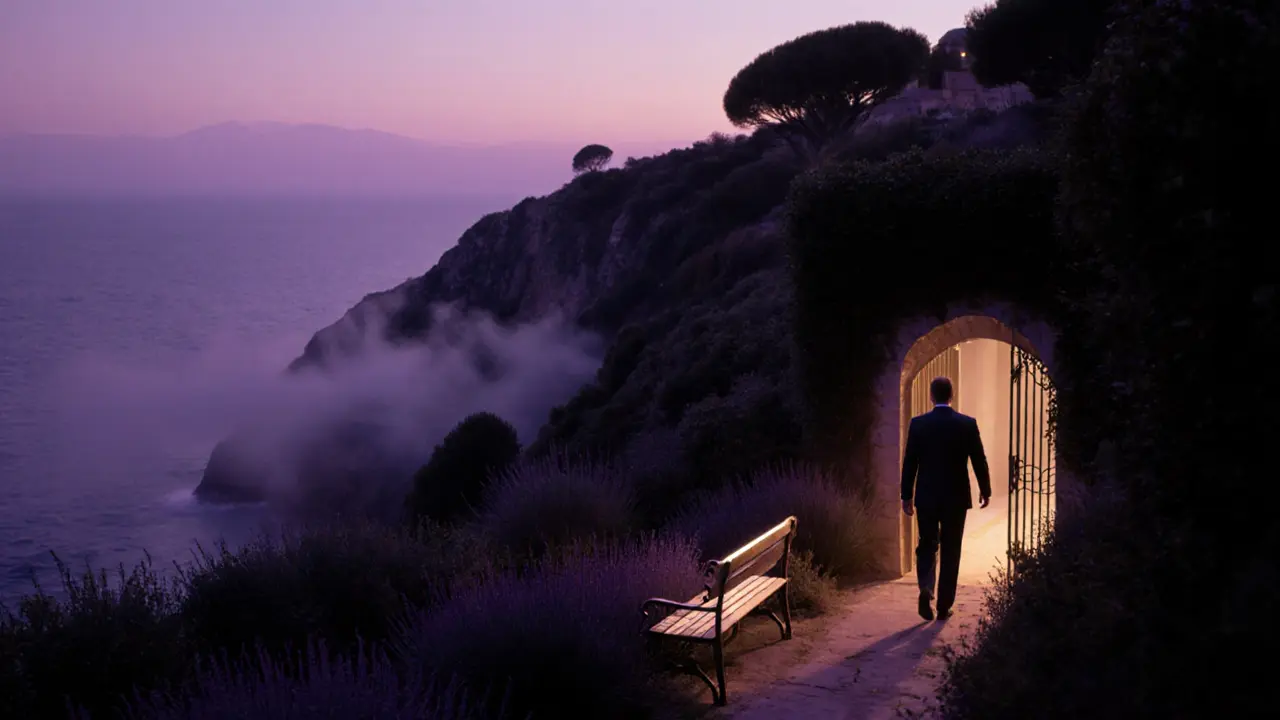 Guest walking a hidden garden path at dusk overlooking Monaco&#039;s cliffs.