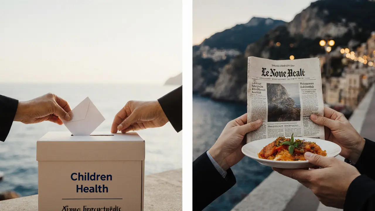 Hands placing a donation and holding a book and homemade food, symbolizing quiet authenticity in Monaco.