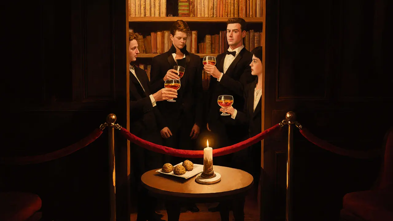 Hidden lounge La Rotonde with guests in formal attire, velvet rope, and candlelit exclusivity behind a bookshelf.