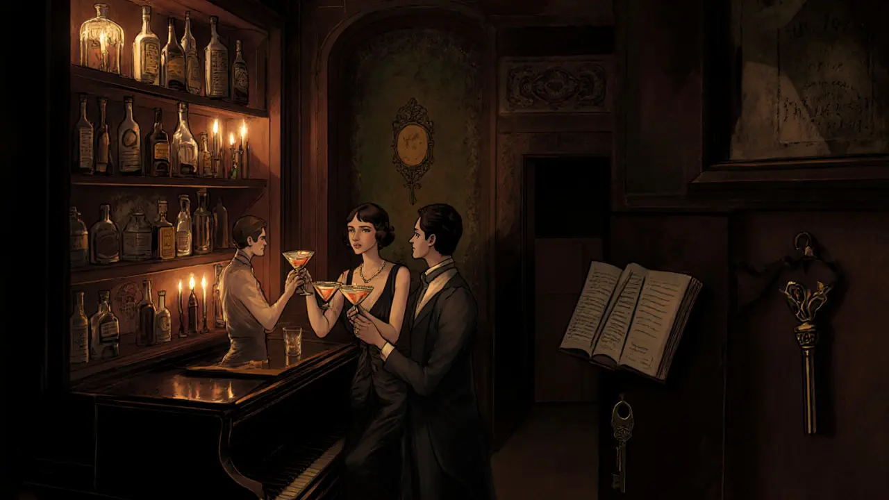 Hidden speakeasy bar with candlelight, piano, and vintage cocktails in a dimly lit basement.