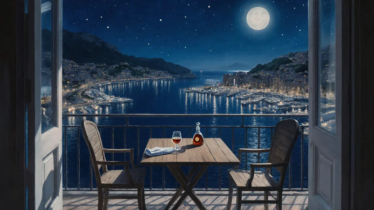 Hidden terrace with a single table overlooking Monte Carlo's lit harbor at night.