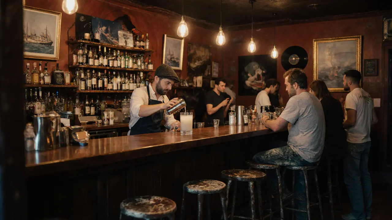 Inside La Rascasse bar, patrons and bartender sharing drinks under warm lights, no signs or menus, authentic local vibe.