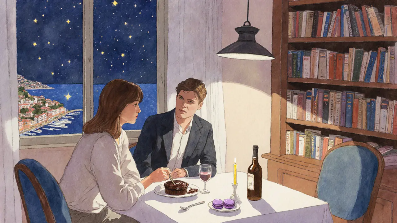 Intimate dining corner by a bookshelf with macarons and a candle, stars visible outside as couple shares quiet moments.